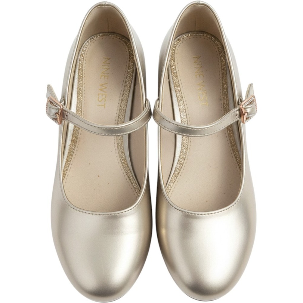 Nine West Mary Jane Heels Kids Size 13 Champagne Gold Glitter Buckle Dress Shoes